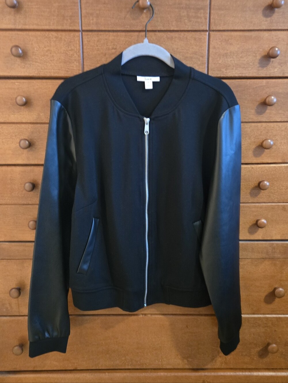 Bar III Black Bomber Jacket with Faux Leather Sleeves Sz Medium